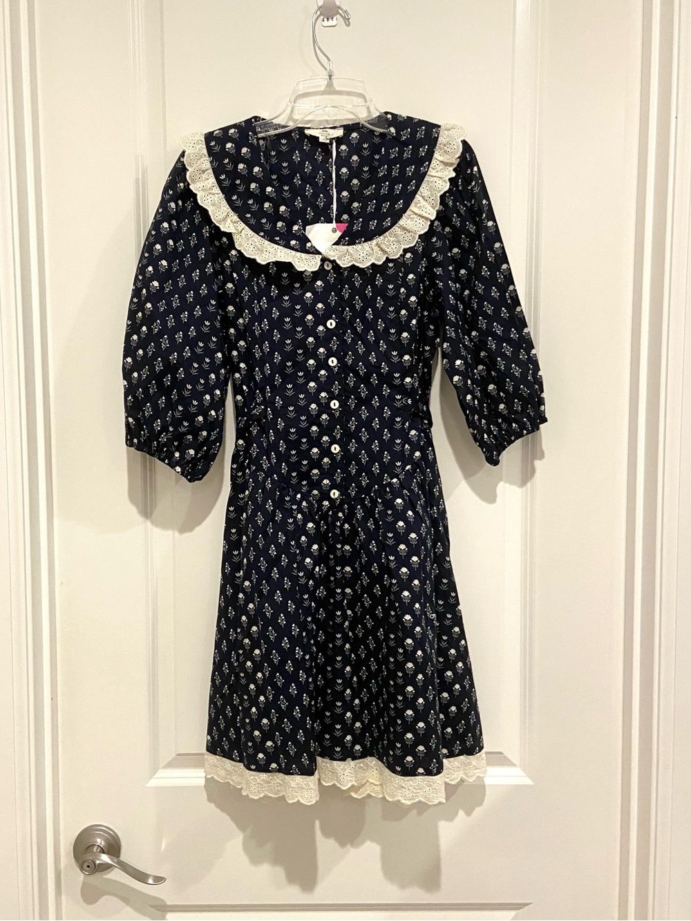 New Cottagecore Navy Floral Print Dress with Peter Pan Collar & Lace Trim